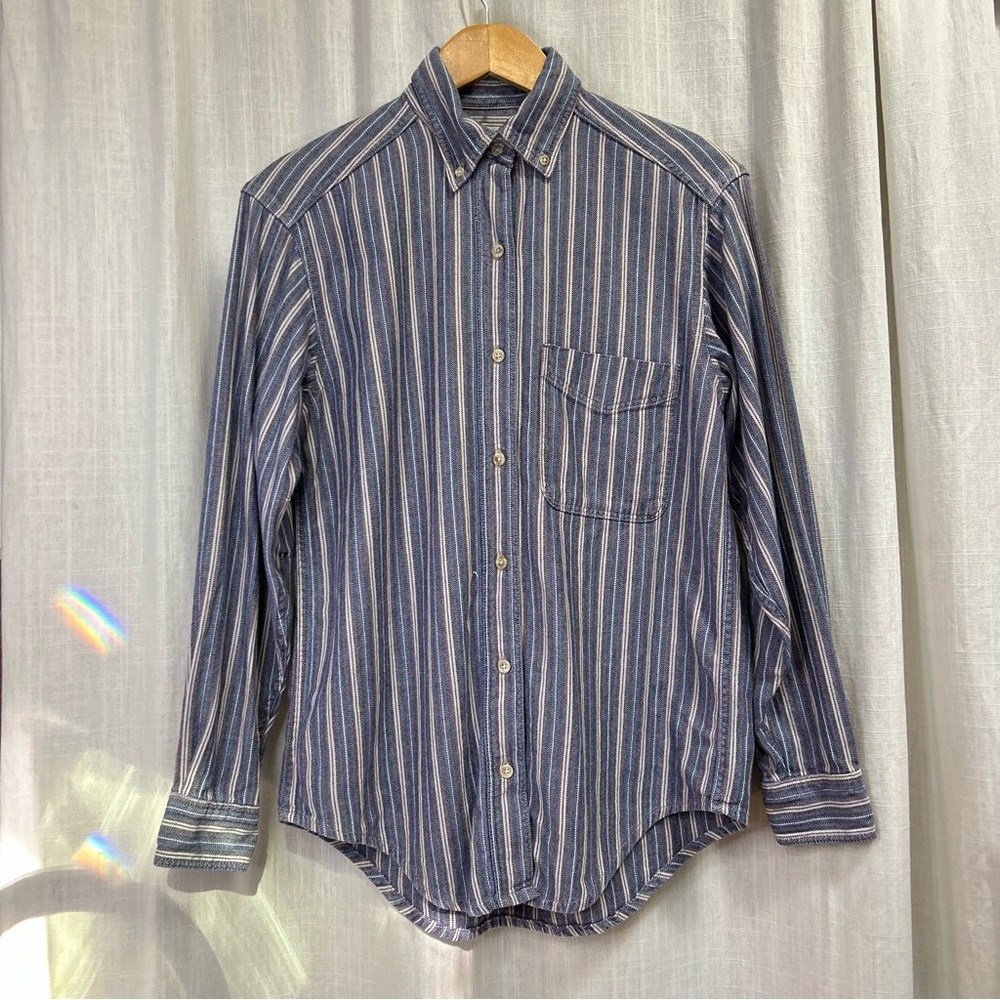 Vintage ll bean knit blue striped button up work shirt